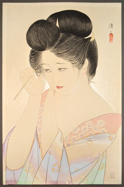 Dressing Her Hair by Kiyoshi, Woodblock Print