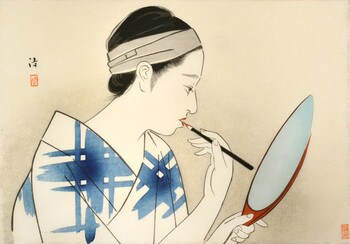 Applying Beni to Her Lips by Kiyoshi, Woodblock Print