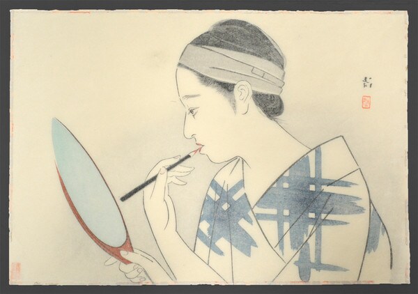 Applying Beni to Her Lips by Kiyoshi, Woodblock Print