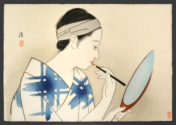 Applying Beni to Her Lips by Kiyoshi, Woodblock Print