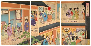 October: Wealthy Merchants Celebrating for God Ebisu by Chikanobu, Woodblock Print