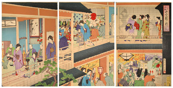 October: Wealthy Merchants Celebrating for God Ebisu by Chikanobu, Woodblock Print