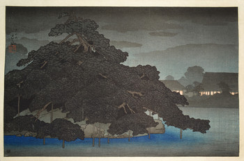 Night Rain at the Pine Islet by Hasui, Woodblock Print