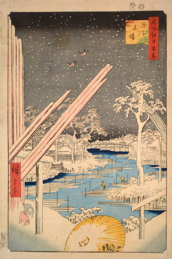 Fukagawa Lumberyards by Hiroshige, Woodblock Print