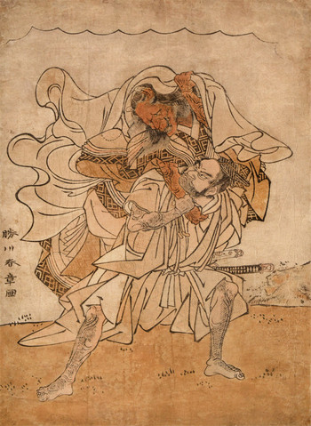 The Warrior Omori Hikoshichi Carrying a Female Demon by Shunsho, Woodblock Print