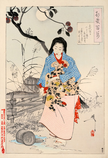 Lady Chiyo: Poem About a Broken Bucket by Yoshitoshi, Woodblock Print
