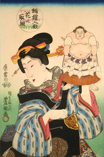 A Beauty Holding a Puppet of Sumo Wrestler Shiranui Dakuemon by Kunisada, Woodblock Print