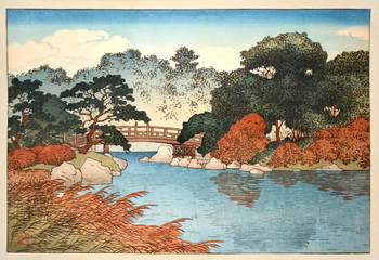 Garden in Autumn by Hasui, Woodblock Print