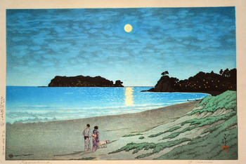 Moonlight at Shichirigahama, Soshu by Hasui, Woodblock Print