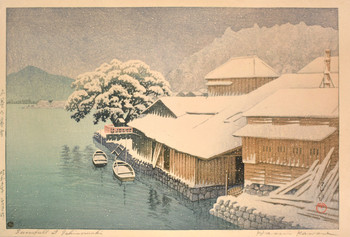 Evening Snow at Ishinomaki by Hasui, Woodblock Print