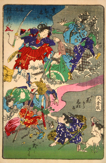 The Fruit of the Tree Is Known from Its Flowers, Fighting Like Dogs and Monkeys by Kyosai, Woodblock Print