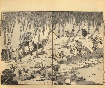 Fuji over a Willow Bank by Hokusai, Woodblock Print
