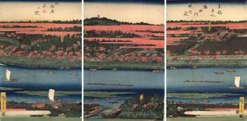 View of Flowers on Sumida River Banks and Mukojima by Hiroshige, Woodblock Print