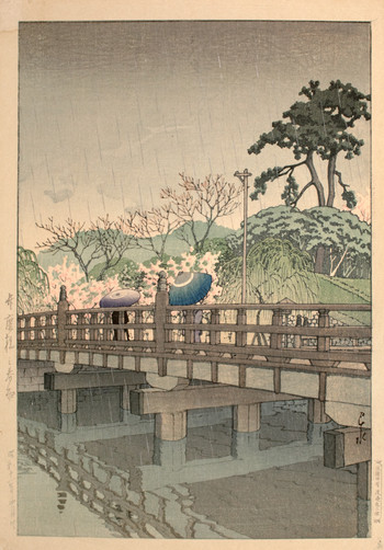 Spring Rain at Benkei Bridge by Hasui, Woodblock Print