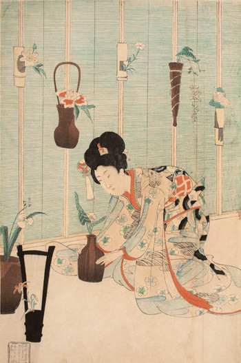 Flower Arranging by Chikanobu, Woodblock Print