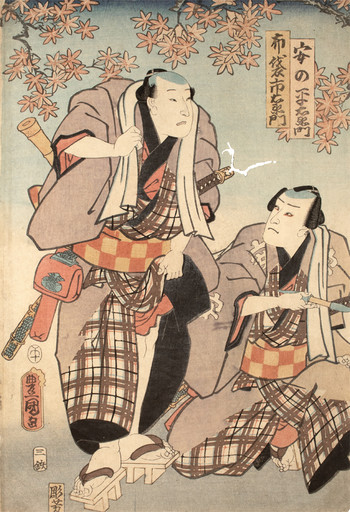 Kabuki Actors beneath Autumn Leaves by Toyokuni III, Woodblock Print