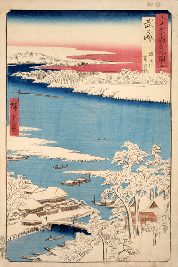Musashi Province, Sumida River, Snowy Morning by Hiroshige, Woodblock Print