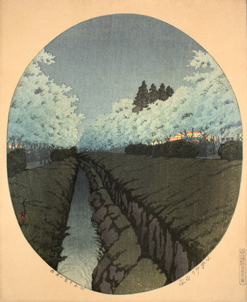 Cherries at Night in Koganei by Hasui, Woodblock Print
