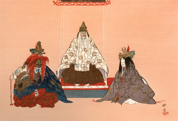 Shirahige: The god Shirahige appears in his true form along with a goddess and a dragon god to entertain an Imperial envoy by Kogyo, Woodblock Print