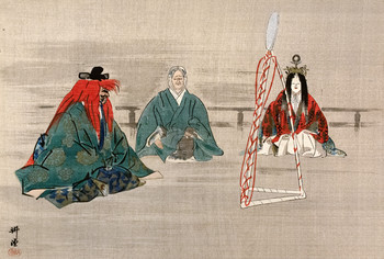 Shokun: Obo, mother of Lady Shokun, seeing the ghosts of the barbarian king Kanyasho and her daughter in a mirror by Kogyo, Woodblock Print