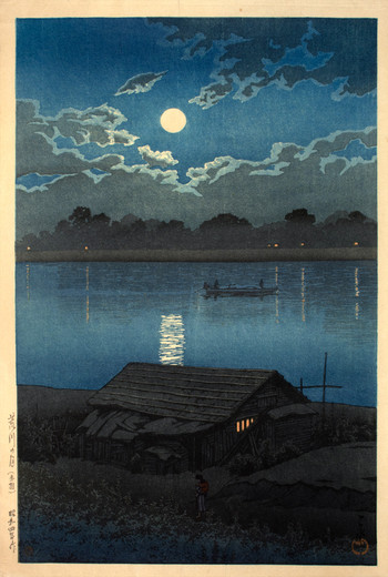 Moon over the Arakawa River, Akabane by Hasui, Woodblock Print