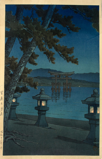 Moonlit Night at Miyajima by Hasui, Woodblock Print