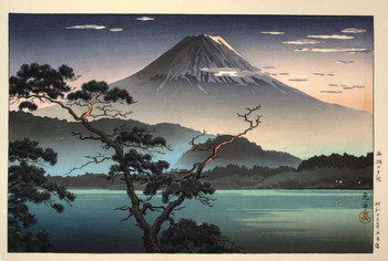 Woodblock print titled Evening Glow at Lake Sai by koitsu tsuchiya