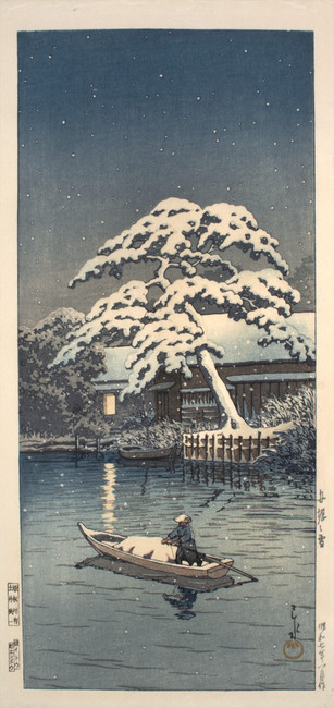 Snow at Funabori by Hasui, Woodblock Print