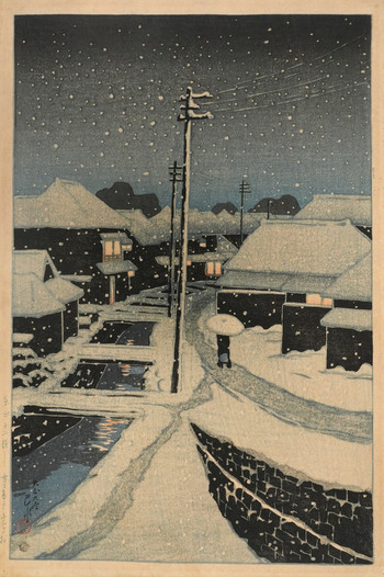 Evening Snow at Terajima by Hasui, Woodblock Print