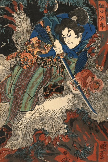 Higuchi Jiro (Kanemitsu) Fighting a Giant Monkey by Kuniyoshi, Woodblock Print