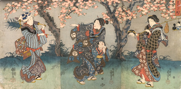 Cherry Blossoms at Night on the Banks of the Sumida River by Kuniyoshi, Woodblock Print