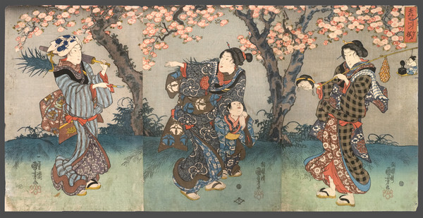 Cherry Blossoms at Night on the Banks of the Sumida River by Kuniyoshi, Woodblock Print