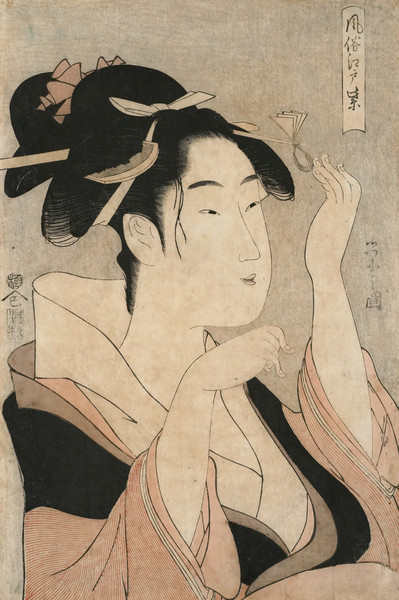Courtesan Adjusting Her Hairpin by Eishi, Woodblock Print