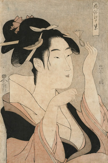 Courtesan Adjusting Her Hairpin by Eishi, Woodblock Print