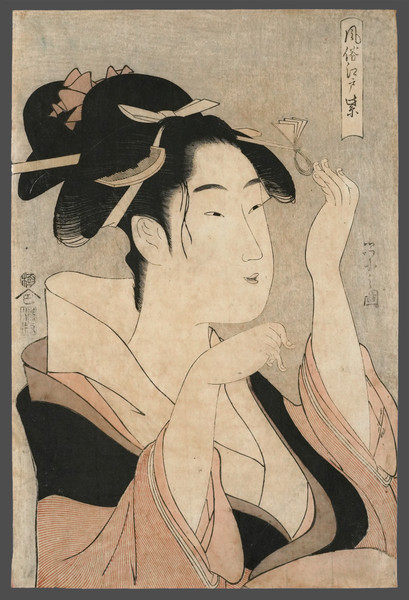 Courtesan Adjusting Her Hairpin by Eishi, Woodblock Print