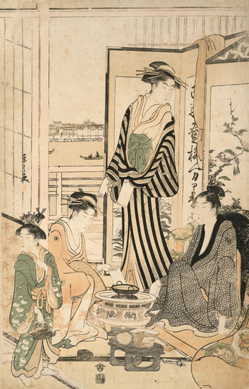 View of the Sumida River from the Temporary Quarters of the Ogiya in Nakasu by Eishi, Woodblock Print