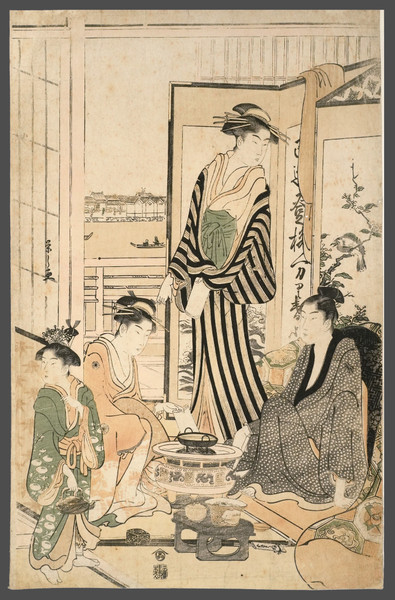 View of the Sumida River from the Temporary Quarters of the Ogiya in Nakasu by Eishi, Woodblock Print