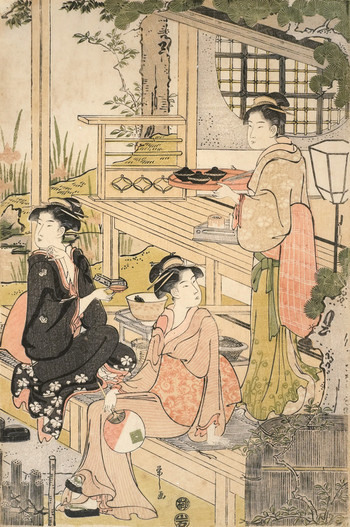 Three Beauties on the Veranda at Matsumoto Teahouse by Eishi, Woodblock Print