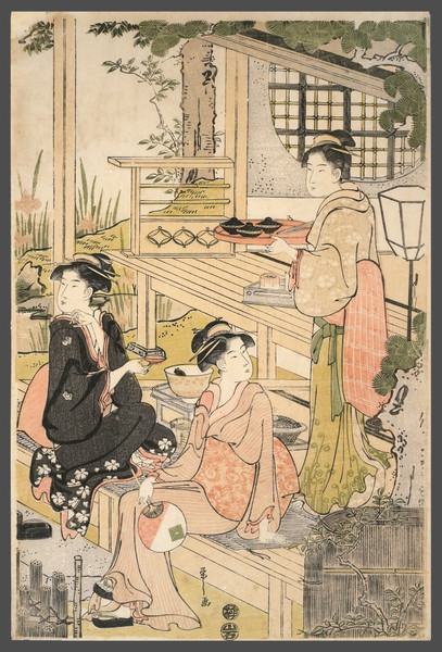 Three Beauties on the Veranda at Matsumoto Teahouse by Eishi, Woodblock Print