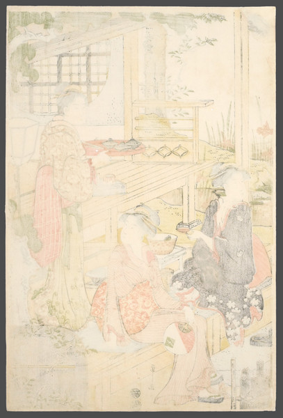Three Beauties on the Veranda at Matsumoto Teahouse by Eishi, Woodblock Print