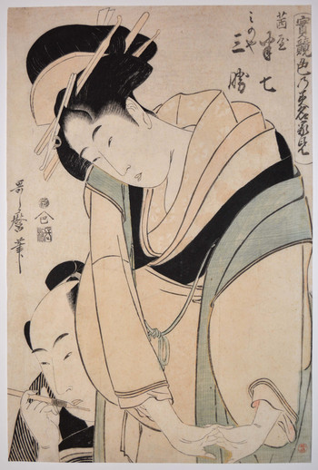 Lovers Akaneya Hanshichi and Minoya Sankatsu by Utamaro, Woodblock Print