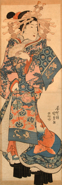 Beauty in a Carp Kimono by Kunisada, Woodblock Print