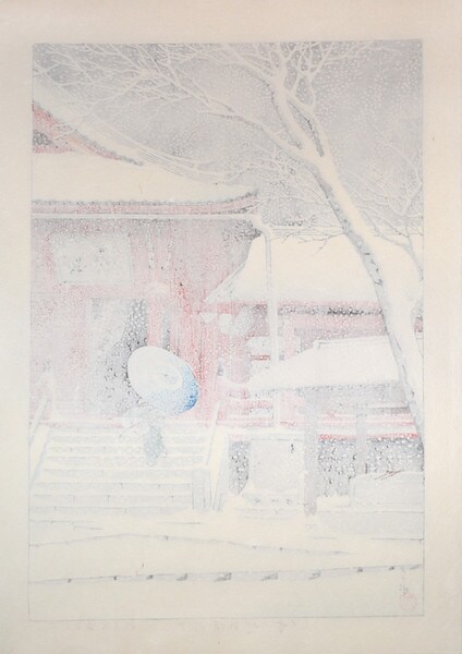 Ueno Kiyomizudo in snow by Hasui, Woodblock Print
