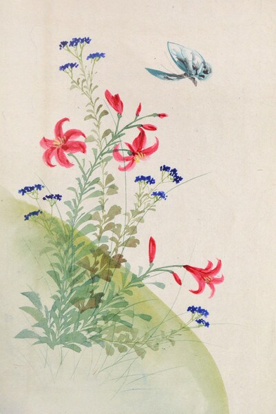 Lily, Maiden Flower and Butterfly by Unsigned / Unknown Artist, Painting