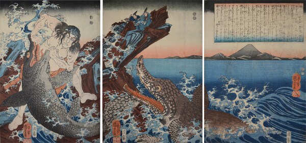Asahina Saburo Yoshihide Wrestling with Two Crocodile Sharks at Kotsubo Beach, Kamakura by Kuniyoshi, Woodblock Print