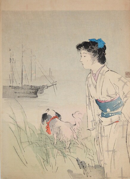 Beauty and Dog Viewing Ship by Kaburagi, Kiyokata, Woodblock Print
