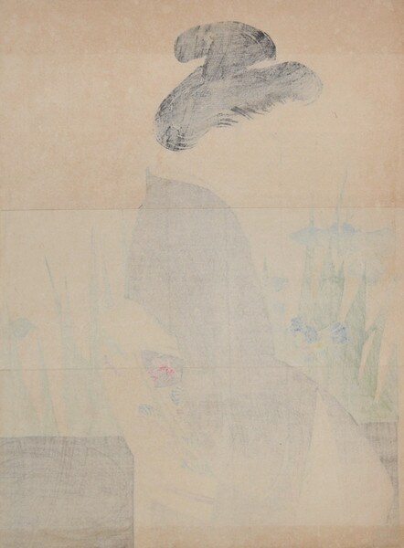 Yatsuhashi Bridge in Iris Garden by Kajita, Hanko, Woodblock Print
