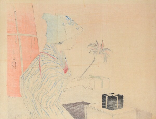 Dusting by Tomioka, Eisen, Woodblock Print