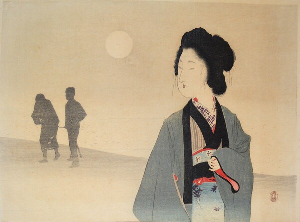 Woman Looking at Silhouette of a Prisoner by Tomioka, Eisen, Woodblock Print