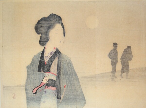 Woman Looking at Silhouette of a Prisoner by Tomioka, Eisen, Woodblock Print
